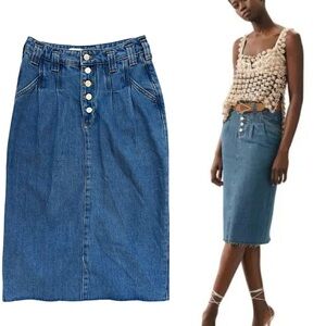 Anthropologie Pilcro Western Medium Wash Denim High Rise Raw Hem Midi Skirt Sz 4